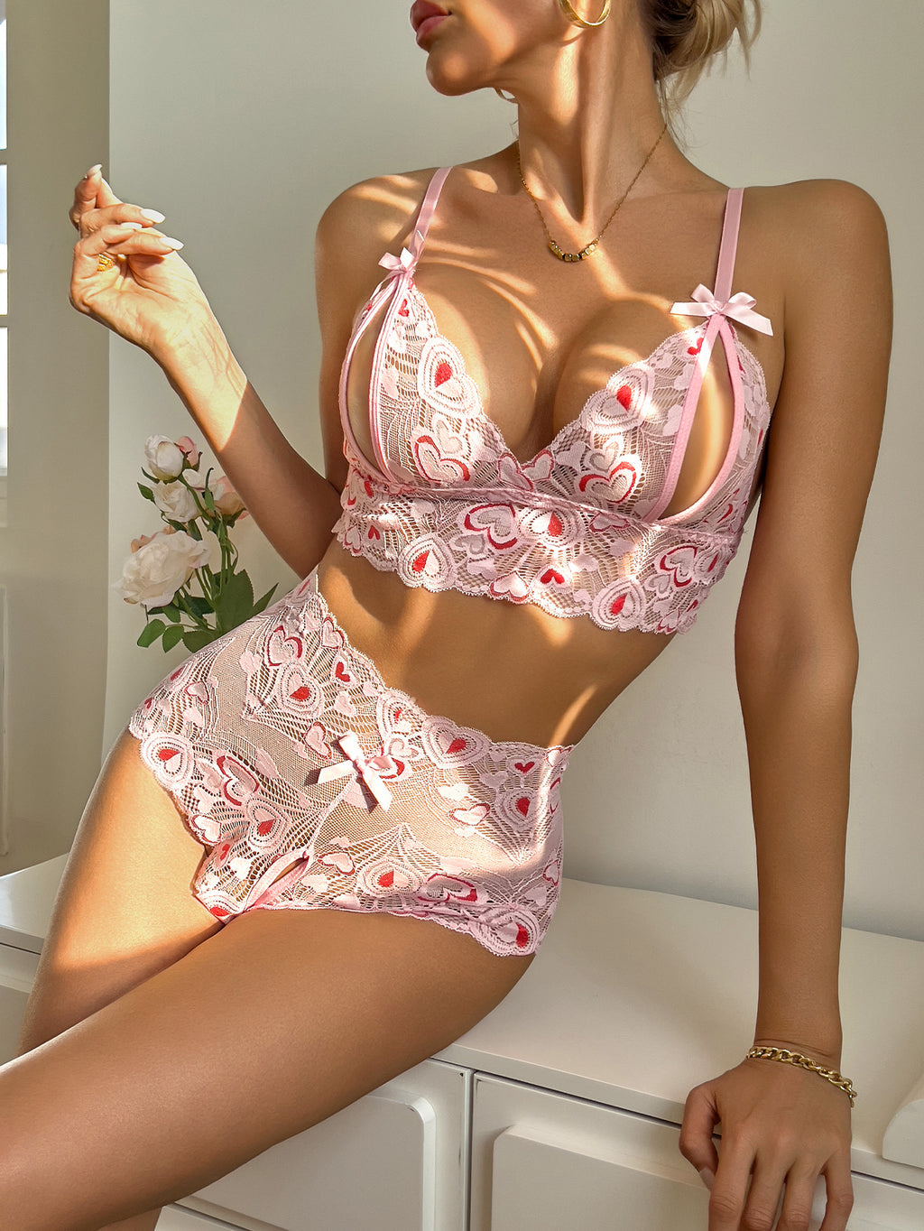 Exotic Sexy Hollow out Double Color Lace Open End Sex Underwear Set Teddy Doll Date Surprise Gift