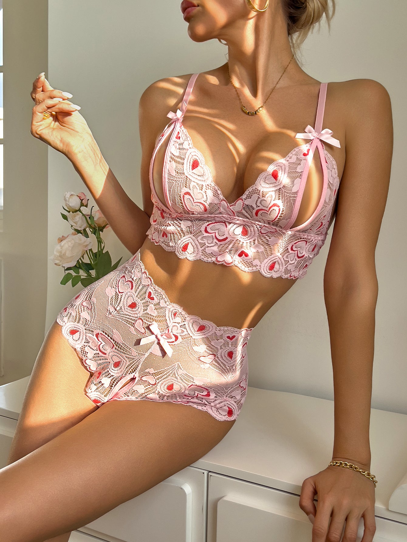 Exotic Sexy Hollow out Double Color Lace Open End Sex Underwear Set Teddy Doll Date Surprise Gift