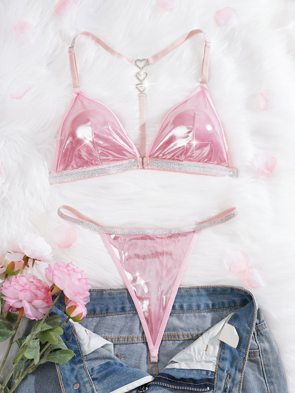Pink Shiny Lingerie Set with Heart-Detail Back | AESKEIA