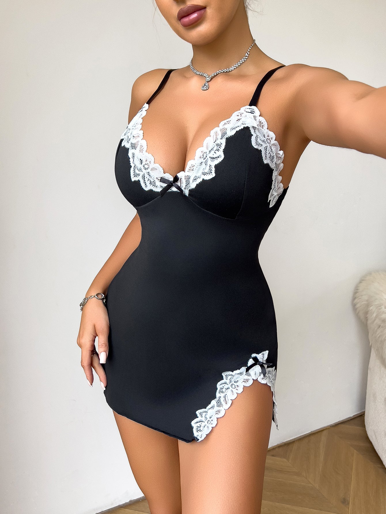 Deep V strappy lingerie nightdress set, alternate view 9